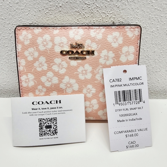 NWT Coach Snap Wallet With Pink And White Graphic Ditsy Floral Print - Picture 1 of 9